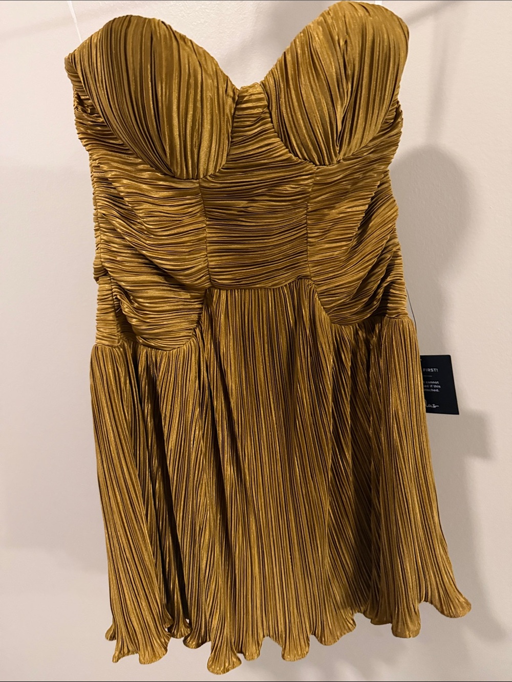 Lulu's Metallic Gold Strapless Pleated Mini Dress with Sweetheart Bodice